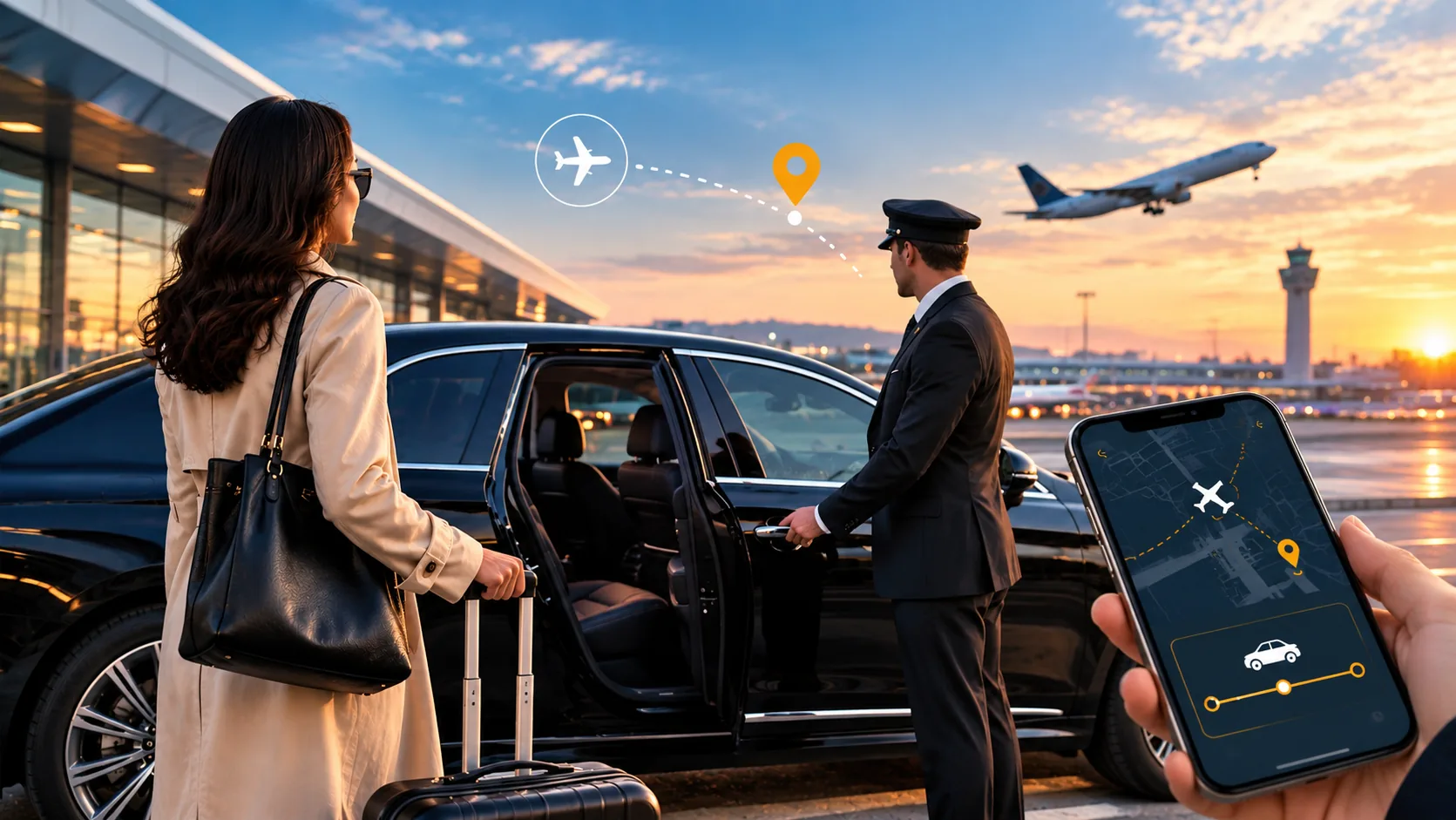 Chauffeur holding the car door for an arriving traveler at the airport while a phone app tracks her flight