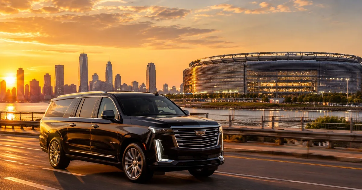 Black luxury SUV driving along the Hudson waterfront at sunset with MetLife Stadium and the Manhattan skyline behind