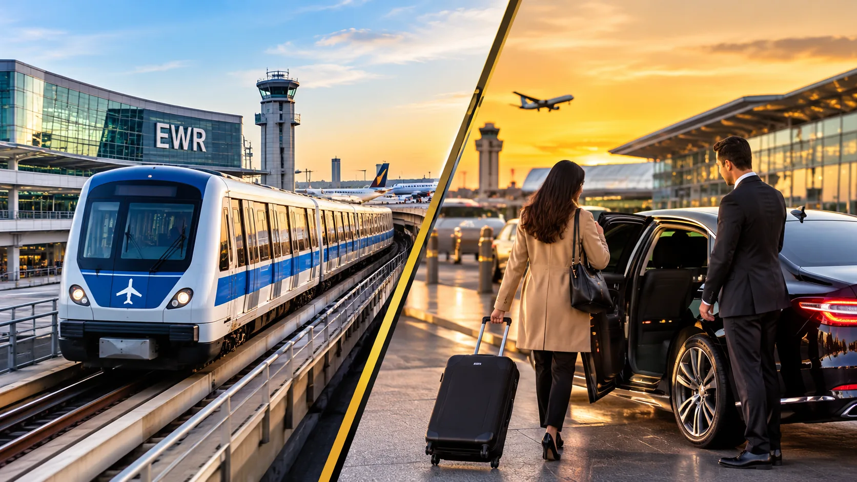 Split image of the Newark Airport AirTrain beside a chauffeur opening a black sedan door for a traveler with luggage at EWR